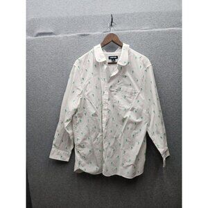 Lands End Womens Button-Down Shirt 2X White With Green Cactus Embroidery Cotton